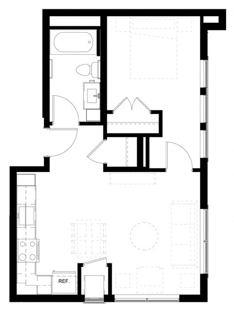 Floor plan for 1 bed, 1 bath, 536 sqft